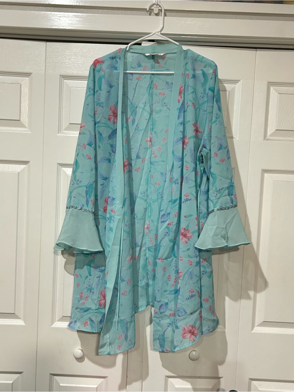 Y2K Vintage Cacique Sheer Floral Tie-Front Kimono Robe - Aqua Floral - Picture 2 of 10